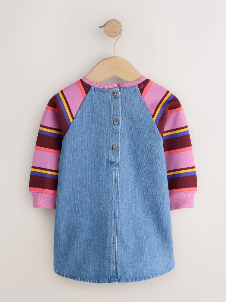 |Girl| Vestido Jeans Raglan com Listras Roxas (3 meses a 8 anos)