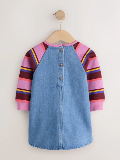 |Girl| Vestido Jeans Raglan com Listras Roxas (3 meses a 8 anos)