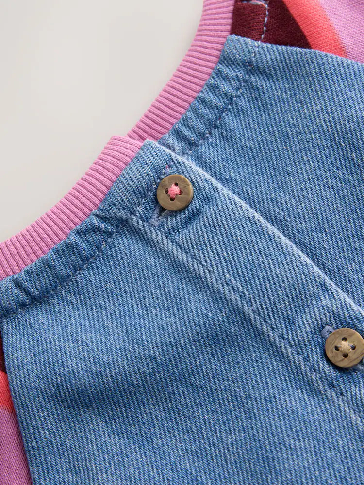 |Girl| Vestido Jeans Raglan com Listras Roxas (3 meses a 8 anos)