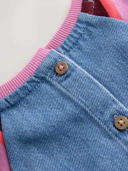 |Girl| Vestido Jeans Raglan com Listras Roxas (3 meses a 8 anos)