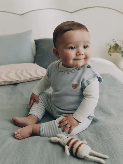 |BabyBoy| Conjunto de Bebê com Colete de Tricô Azul, Body e Calça (0 meses a 3 anos)