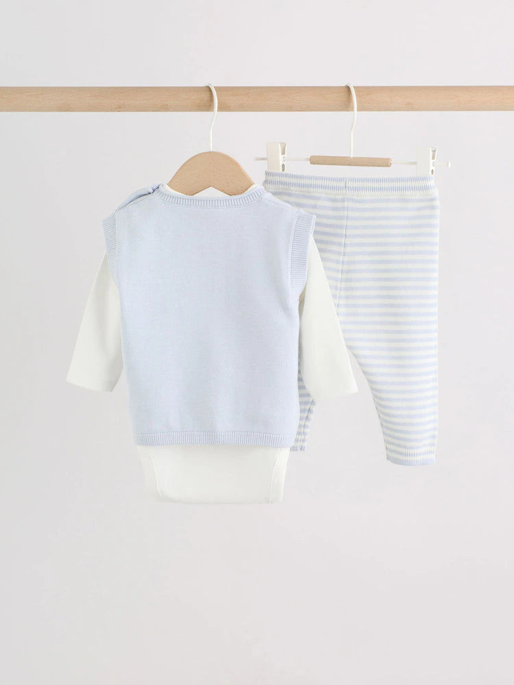 |BabyBoy| Conjunto de Bebê com Colete de Tricô Azul, Body e Calça (0 meses a 3 anos)