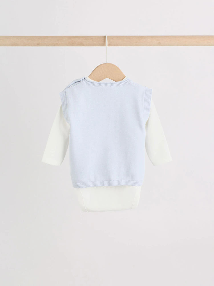 |BabyBoy| Conjunto de Bebê com Colete de Tricô Azul, Body e Calça (0 meses a 3 anos)