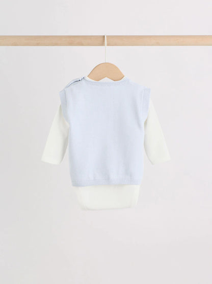 |BabyBoy| Conjunto de Bebê com Colete de Tricô Azul, Body e Calça (0 meses a 3 anos)