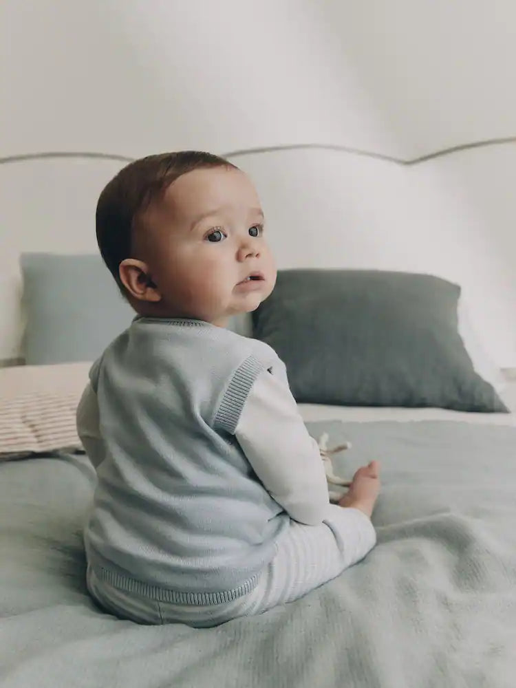 |BabyBoy| Conjunto de Bebê com Colete de Tricô Azul, Body e Calça (0 meses a 3 anos)
