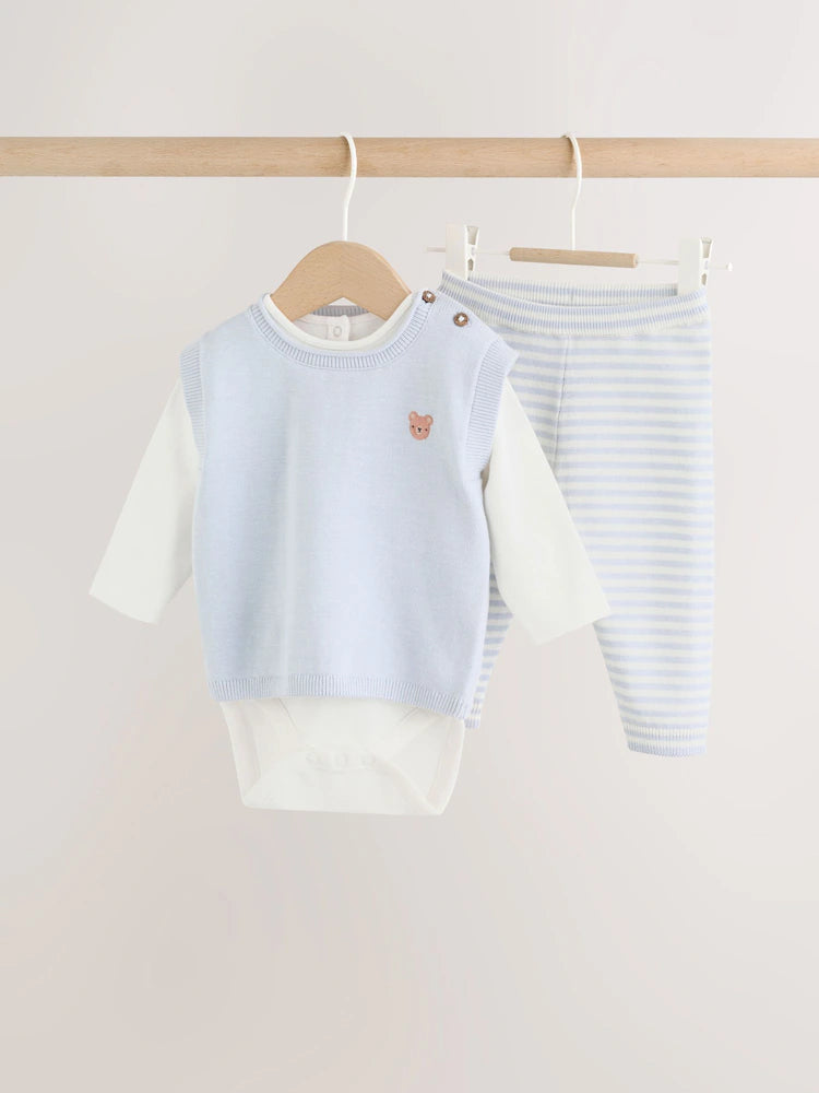 |BabyBoy| Conjunto de Bebê com Colete de Tricô Azul, Body e Calça (0 meses a 3 anos)