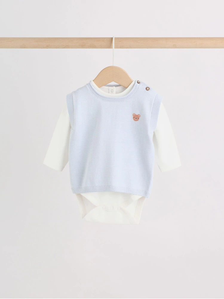 |BabyBoy| Conjunto de Bebê com Colete de Tricô Azul, Body e Calça (0 meses a 3 anos)