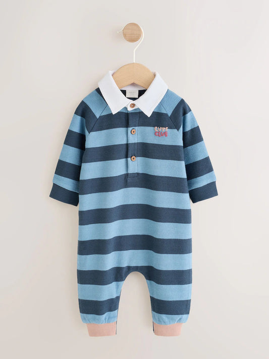 |BabyBoy| Macacão De Bebê Estilo Polo de Rugby em Malha Listrada Azul (0 meses a 3 anos)