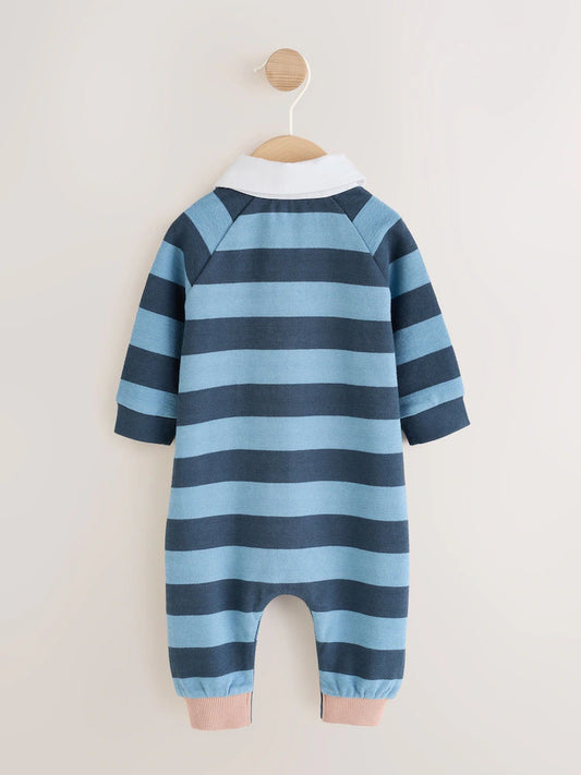 |BabyBoy| Macacão De Bebê Estilo Polo de Rugby em Malha Listrada Azul (0 meses a 3 anos)