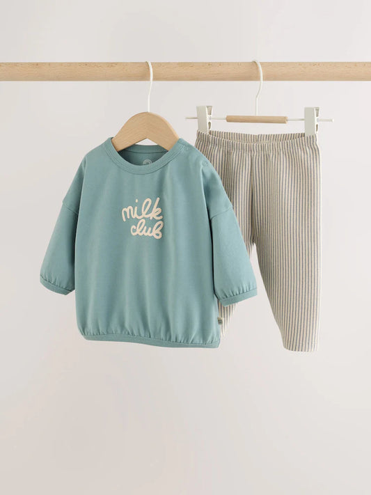 |BabyBoy| Conjunto Blue Milk Club com Blusa e Legging para Bebê (0 meses a 2 anos)