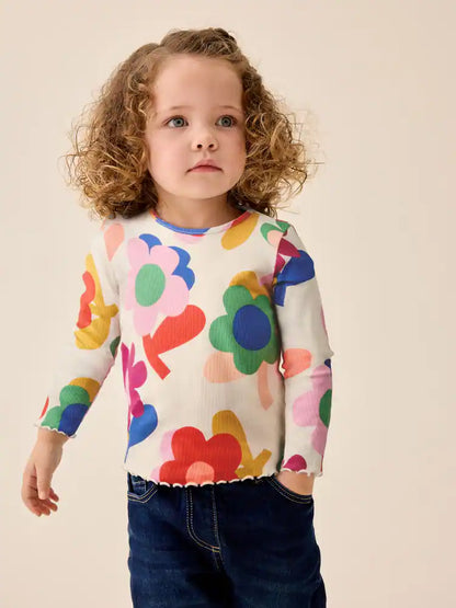 |Girl| Camiseta De Manga Longa Canelada Rosa com Estampa de Flor e Arco-íris (3 meses a 7 anos)