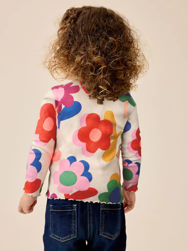 |Girl| Camiseta De Manga Longa Canelada Rosa com Estampa de Flor e Arco-íris (3 meses a 7 anos)