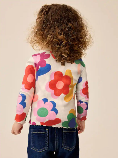 |Girl| Camiseta De Manga Longa Canelada Rosa com Estampa de Flor e Arco-íris (3 meses a 7 anos)