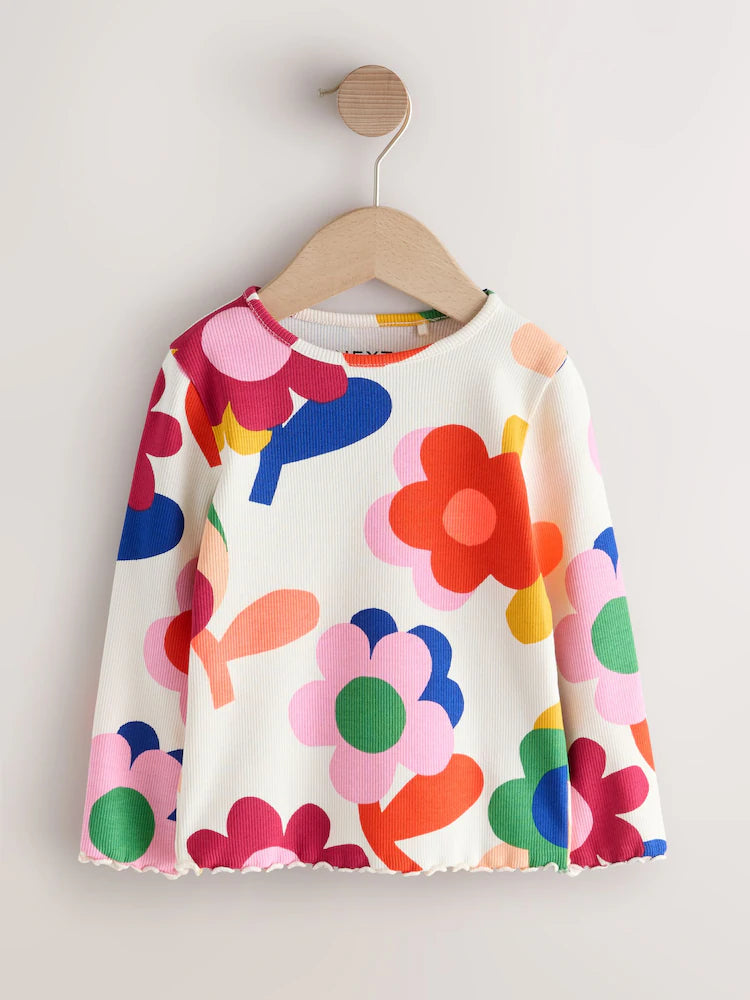 |Girl| Camiseta De Manga Longa Canelada Rosa com Estampa de Flor e Arco-íris (3 meses a 7 anos)