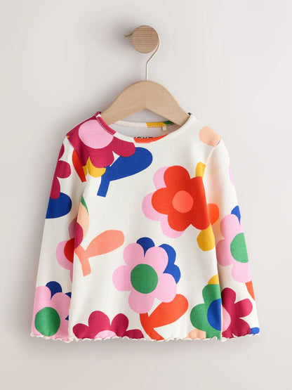 |Girl| Camiseta De Manga Longa Canelada Rosa com Estampa de Flor e Arco-íris (3 meses a 7 anos)
