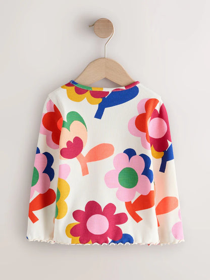 |Girl| Camiseta De Manga Longa Canelada Rosa com Estampa de Flor e Arco-íris (3 meses a 7 anos)