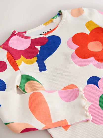 |Girl| Camiseta De Manga Longa Canelada Rosa com Estampa de Flor e Arco-íris (3 meses a 7 anos)