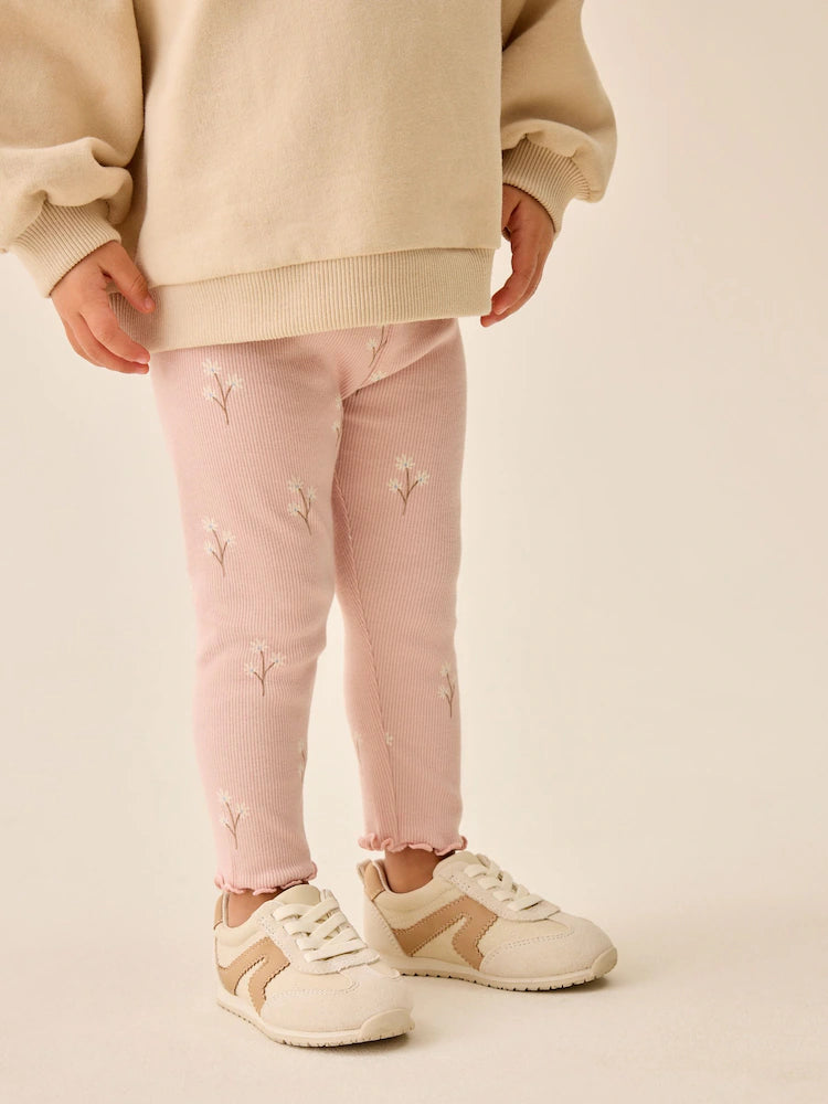 |Girl| Legging Canelada Rosa-Claro com Estampa Floral Miúda (3 meses a 7 anos)