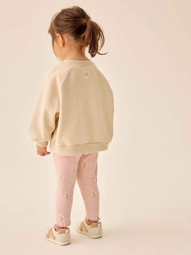 |Girl| Legging Canelada Rosa-Claro com Estampa Floral Miúda (3 meses a 7 anos)