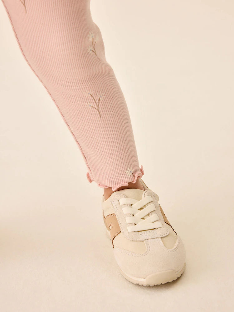 |Girl| Legging Canelada Rosa-Claro com Estampa Floral Miúda (3 meses a 7 anos)
