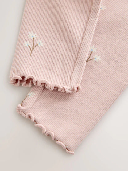 |Girl| Legging Canelada Rosa-Claro com Estampa Floral Miúda (3 meses a 7 anos)