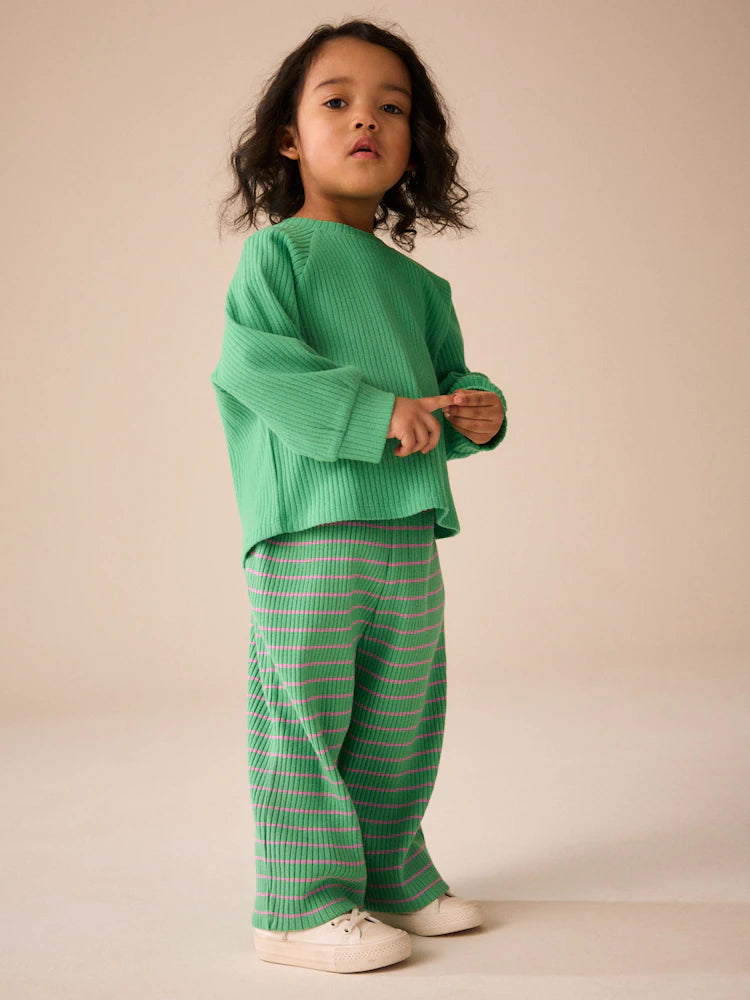 |Girl| Calça Canelada de Perna Larga com Listras Verdes e Rosas (3 meses a 7 anos)