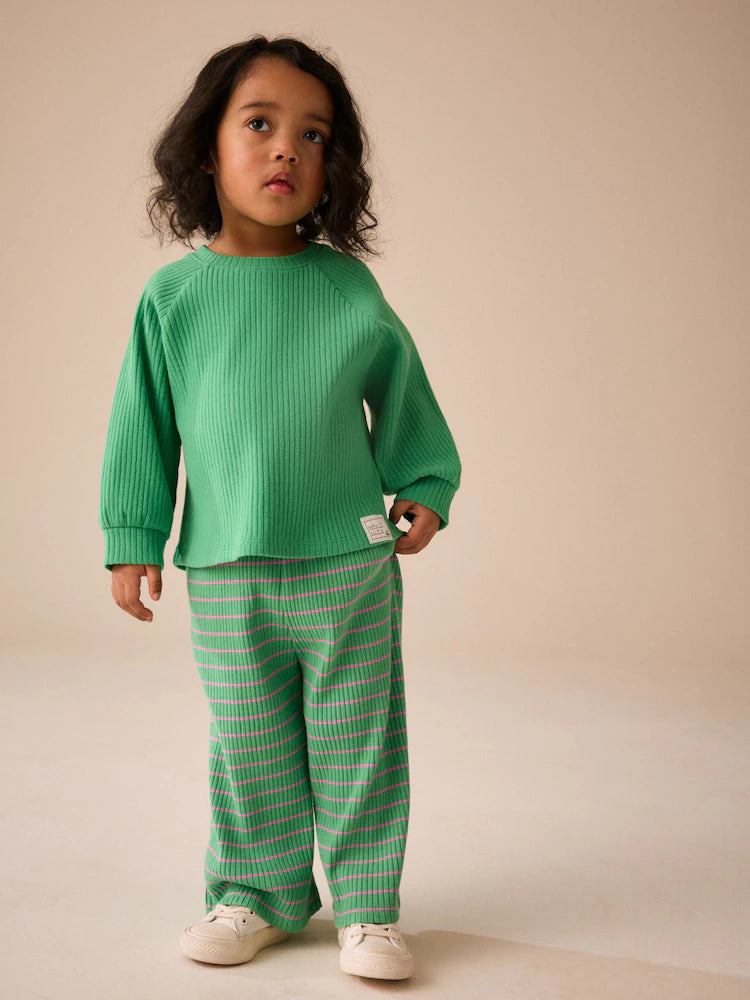 |Girl| Calça Canelada de Perna Larga com Listras Verdes e Rosas (3 meses a 7 anos)