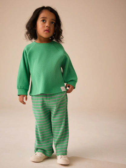 |Girl| Calça Canelada de Perna Larga com Listras Verdes e Rosas (3 meses a 7 anos)