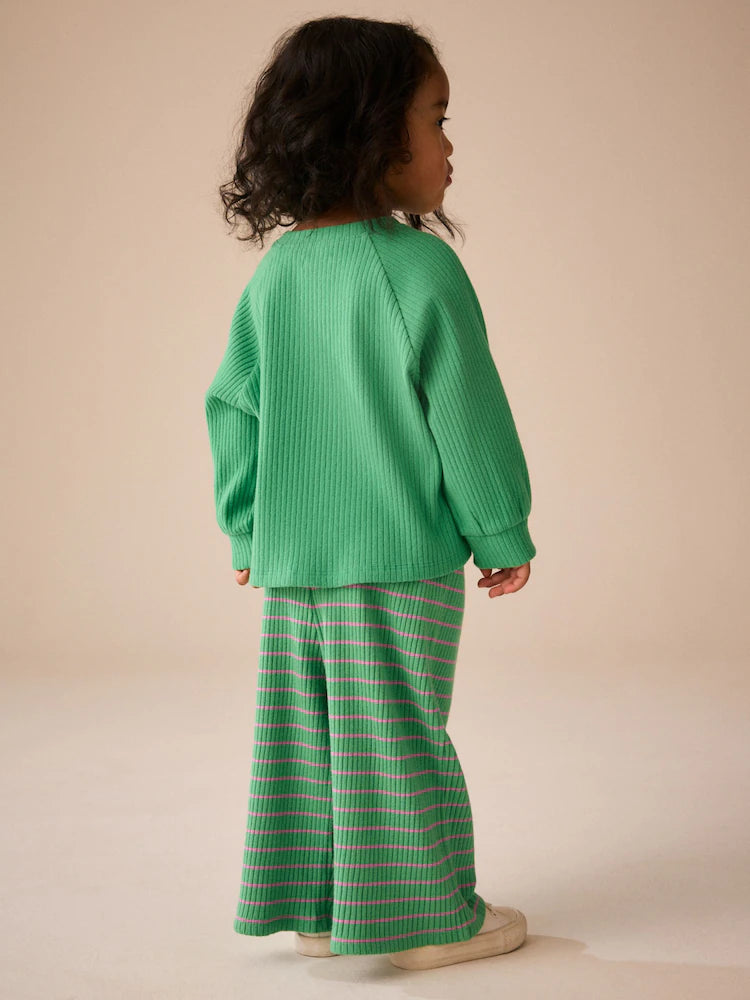 |Girl| Calça Canelada de Perna Larga com Listras Verdes e Rosas (3 meses a 7 anos)