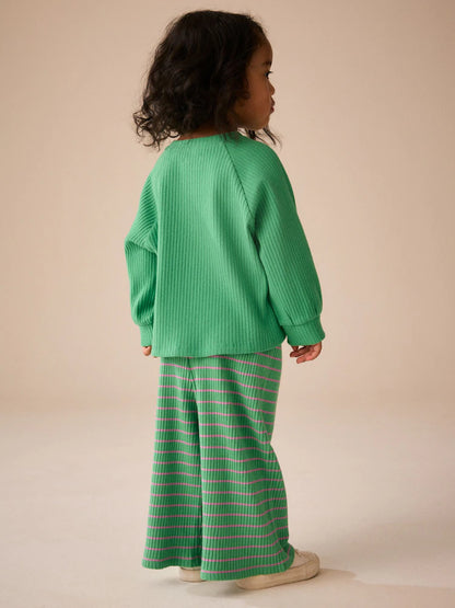 |Girl| Calça Canelada de Perna Larga com Listras Verdes e Rosas (3 meses a 7 anos)