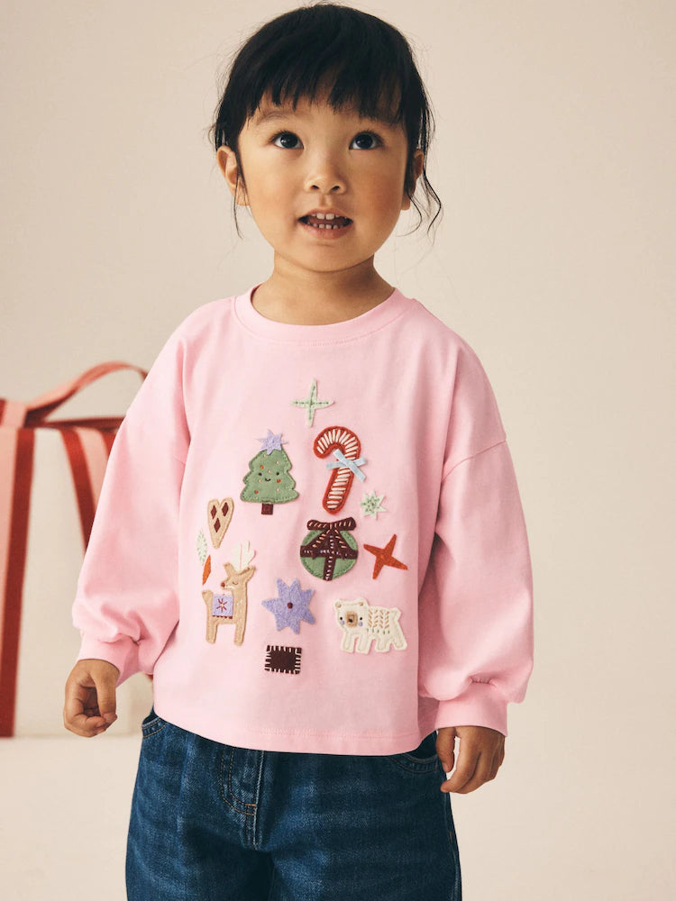 |Girl| Blusa de Manga Longa Rosa-Claro com Aplique de Natal (3 meses a 7 anos)