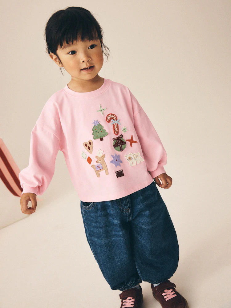 |Girl| Blusa de Manga Longa Rosa-Claro com Aplique de Natal (3 meses a 7 anos)
