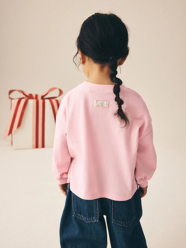 |Girl| Blusa de Manga Longa Rosa-Claro com Aplique de Natal (3 meses a 7 anos)