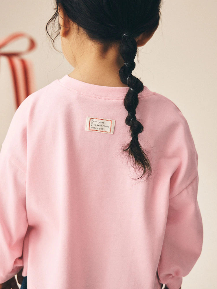 |Girl| Blusa de Manga Longa Rosa-Claro com Aplique de Natal (3 meses a 7 anos)