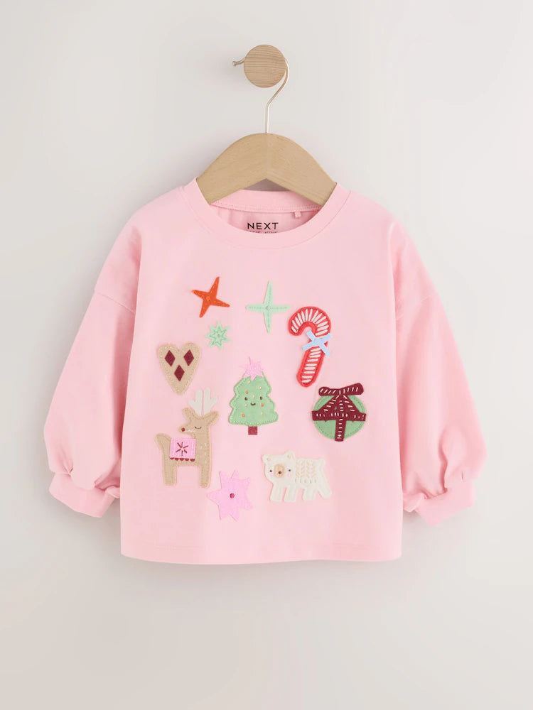|Girl| Blusa de Manga Longa Rosa-Claro com Aplique de Natal (3 meses a 7 anos)