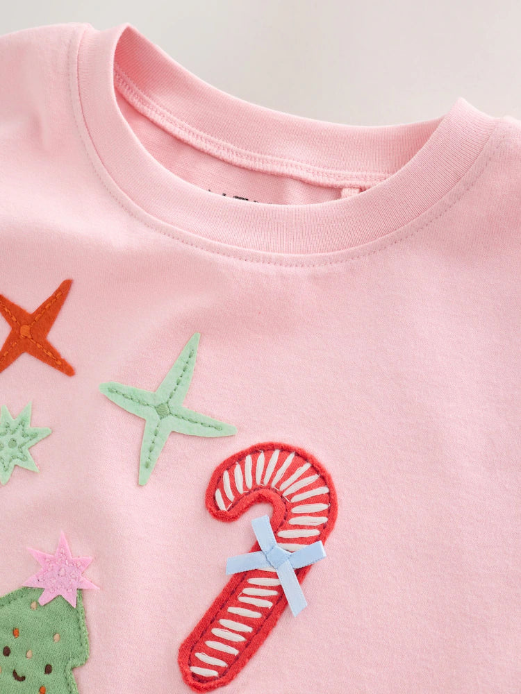|Girl| Blusa de Manga Longa Rosa-Claro com Aplique de Natal (3 meses a 7 anos)
