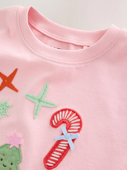 |Girl| Blusa de Manga Longa Rosa-Claro com Aplique de Natal (3 meses a 7 anos)