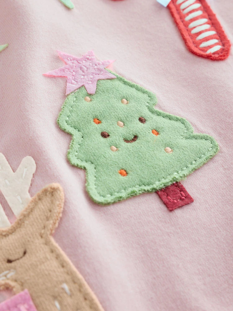 |Girl| Blusa de Manga Longa Rosa-Claro com Aplique de Natal (3 meses a 7 anos)