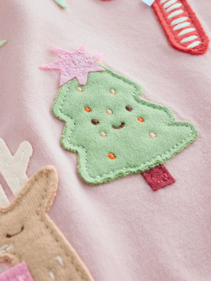 |Girl| Blusa de Manga Longa Rosa-Claro com Aplique de Natal (3 meses a 7 anos)