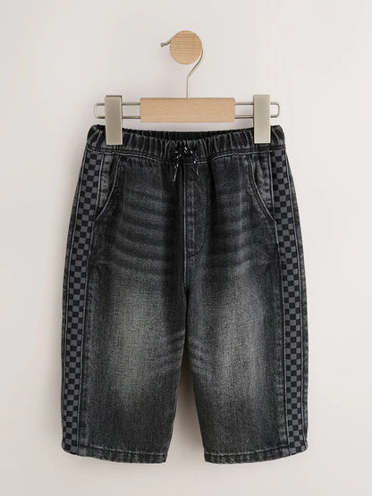|Boy| Calça Jeans Cinza com Modelagem Larga e Faixa Lateral em Xadrez (3 meses a 7 anos)