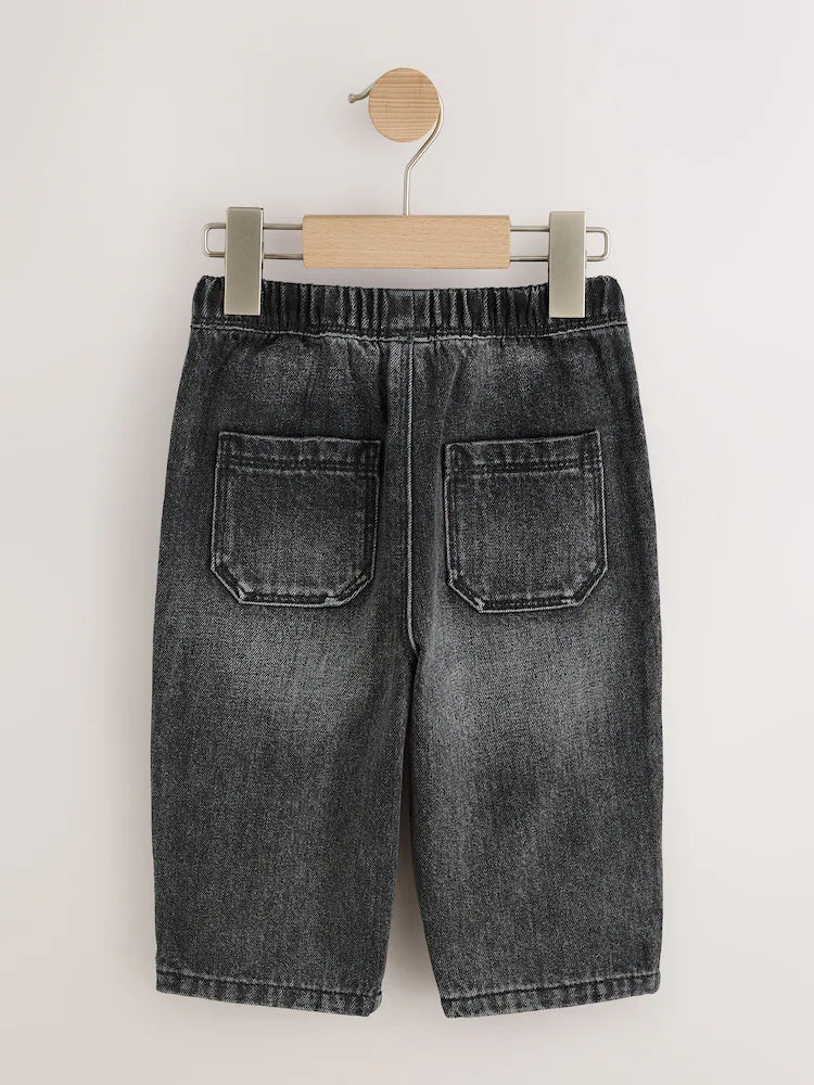 |Boy| Calça Jeans Cinza com Modelagem Larga e Faixa Lateral em Xadrez (3 meses a 7 anos)