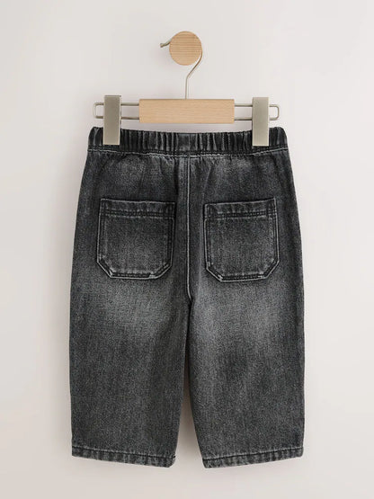 |Boy| Calça Jeans Cinza com Modelagem Larga e Faixa Lateral em Xadrez (3 meses a 7 anos)