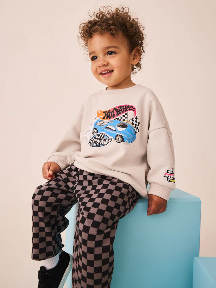 |Boy| Conjunto de Moletom e Calça Jogger Hot Wheels Cinza com Estampa de Xadrez (9 meses a 8 anos)