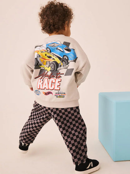 |Boy| Conjunto de Moletom e Calça Jogger Hot Wheels Cinza com Estampa de Xadrez (9 meses a 8 anos)