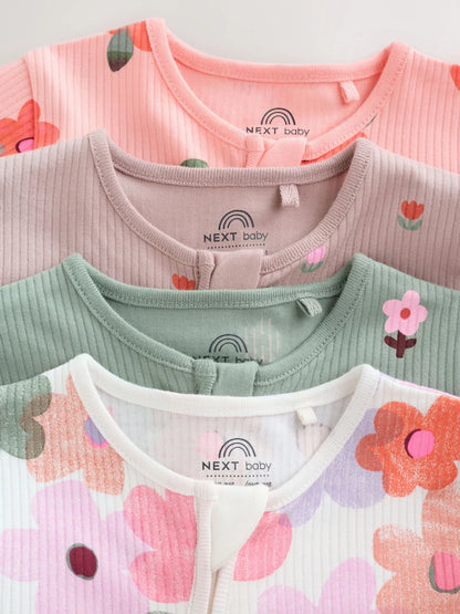 |BabyGirl| Kit Com 4 Macacões de Bebê com Estampa Floral Laranja (0 meses a 3 anos)