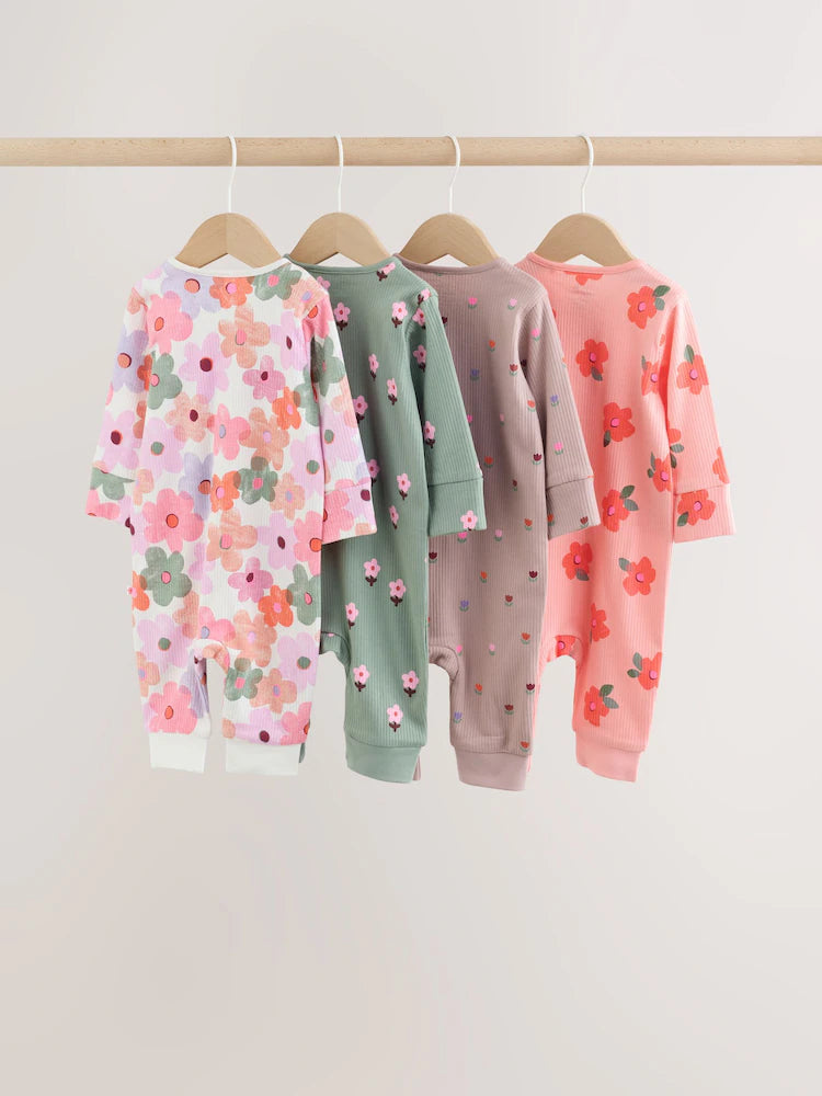 |BabyGirl| Kit Com 4 Macacões de Bebê com Estampa Floral Laranja (0 meses a 3 anos)