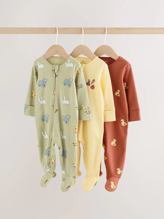 |BabyBoy| Kit com 3 Macacões de Bebê com Estampa de Animais da Fazenda e Zíper Bidirecional (0 meses a 2 anos)