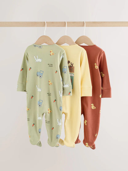 |BabyBoy| Kit com 3 Macacões de Bebê com Estampa de Animais da Fazenda e Zíper Bidirecional (0 meses a 2 anos)