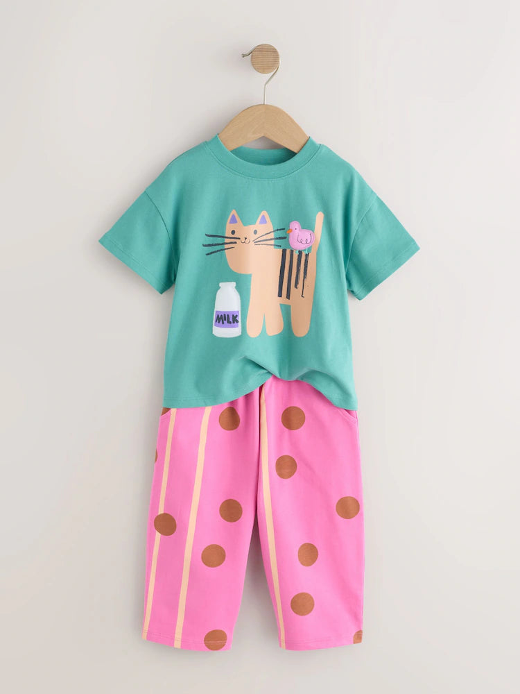 |Girl| Conjunto de Camiseta de Manga Curta "Green Cat" e Calça Modelagem Barrel (3 meses a 7 anos)
