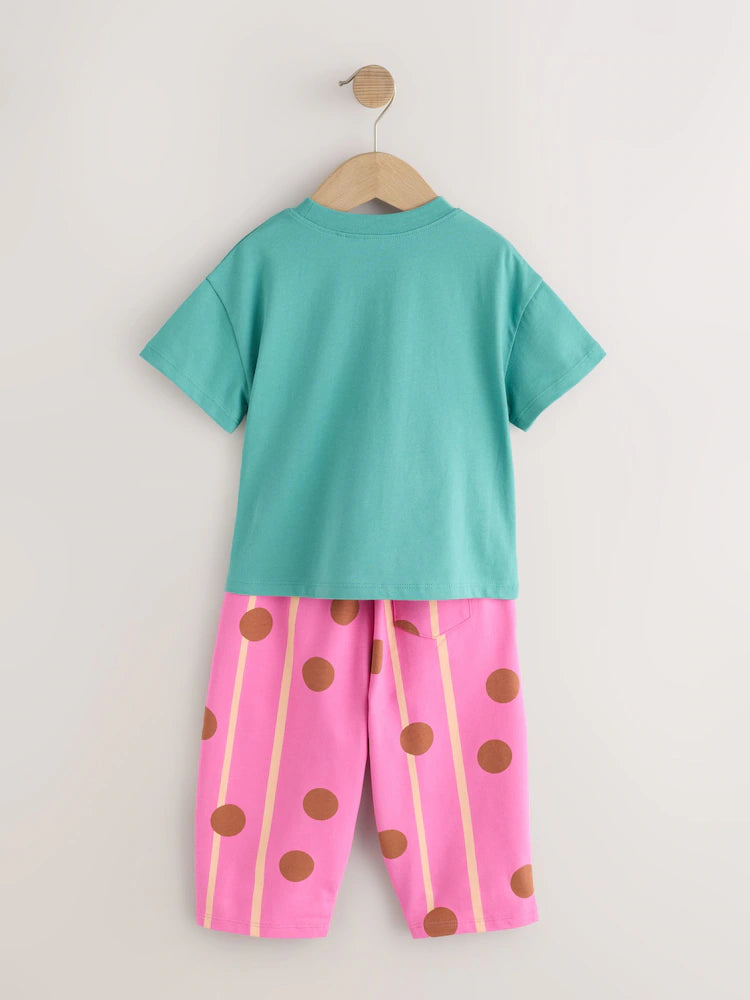 |Girl| Conjunto de Camiseta de Manga Curta "Green Cat" e Calça Modelagem Barrel (3 meses a 7 anos)